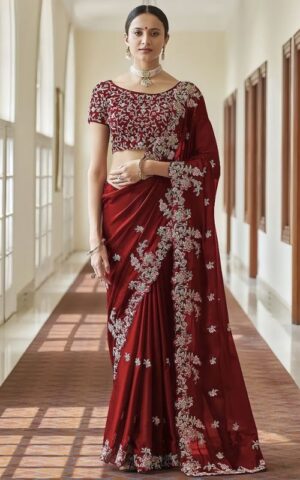 Maroon Emroiderd Saree with Heavily Embelished Blouse