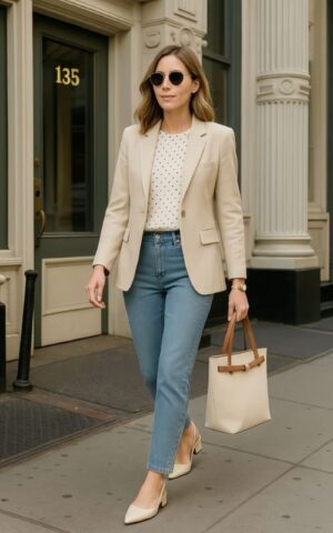 Navy Blazer and sky blue jeans paired
