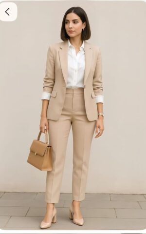 Beigre tailored suit with white shirt and trouser