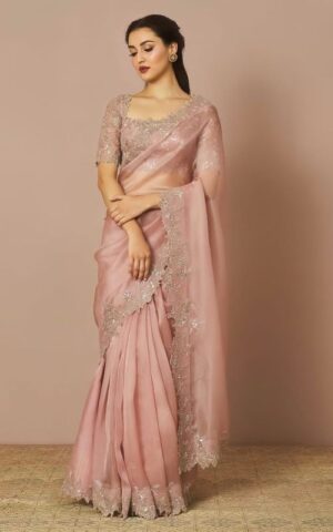 Rose Gold Emroidered Saree with Matching Blouse