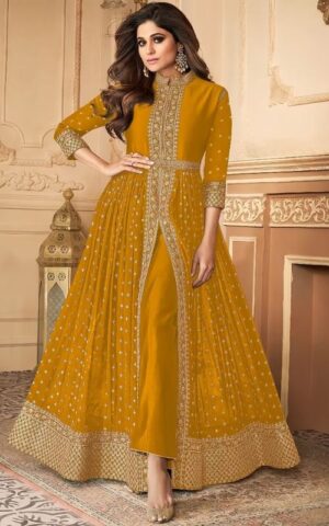 Mustard Gold Front-Slit Anarkali with Intricate Embroidery