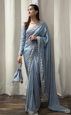 Embroidered Grey Saree with Full Sleeve Blouse
