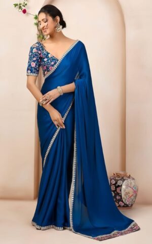 Floral Blouse with Blue Saree