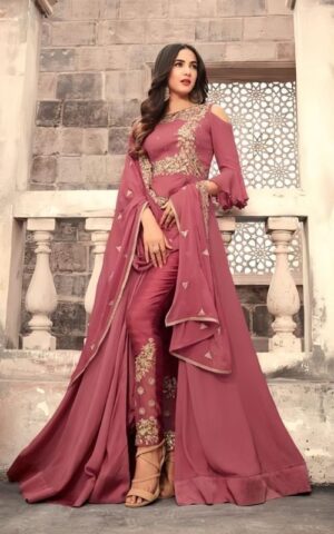 Cold-Shoulder Embellished Peplum Set with Draped Dupatta
