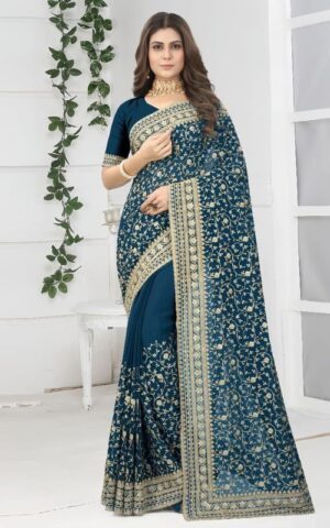 Tea Blue Floral Embroidered Saree