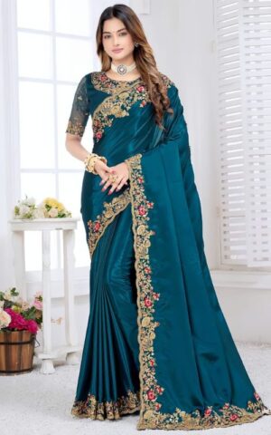 Teal Blue Saree with Intricate Floral Embroidery