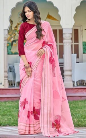 Pink Floral Saree With Maroon Blouse