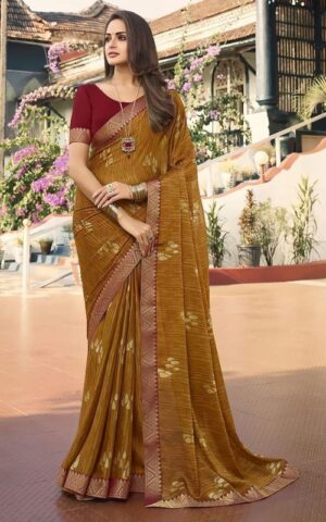 Musturd Printed Saree with Maroon Blouse