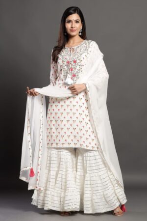 Elegant White Printed Gharara Suit