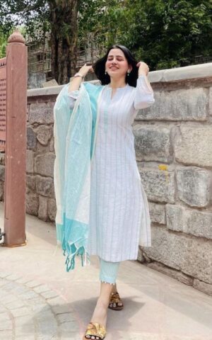 Subtle White Kurta Sett with Blue Dupatta