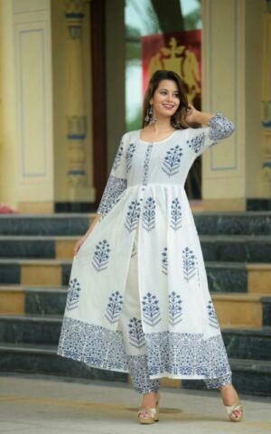 Elegant White and Blue Printed Anarkali Kurta set