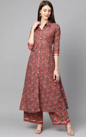 Collared Floral Print Kurta Set