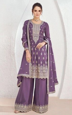 Elegant Purple Embroidered Palazo Suit