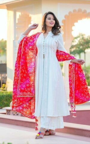 Stylish White Ethnic Suit With Vibrant Red Dupatta
