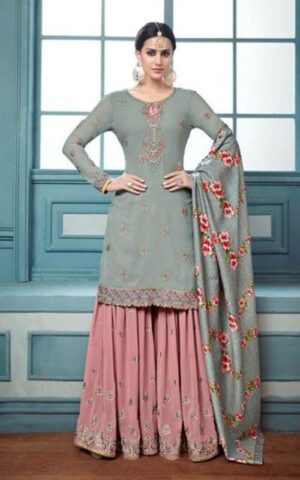 Elegant Grey and Pink Florall Ethnic Suit