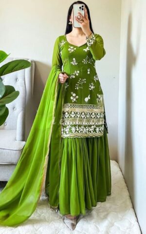 Vibrant Green Embroidered Gharara Set