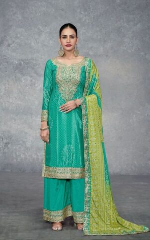 VibrantTeal Embroidered Palazzo Suit with Green Dupatta