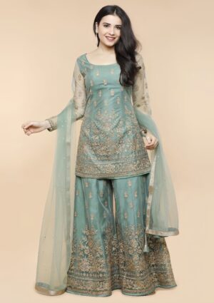 Pastel Green Emroidered Kurti with Sharara and Net Dupatta